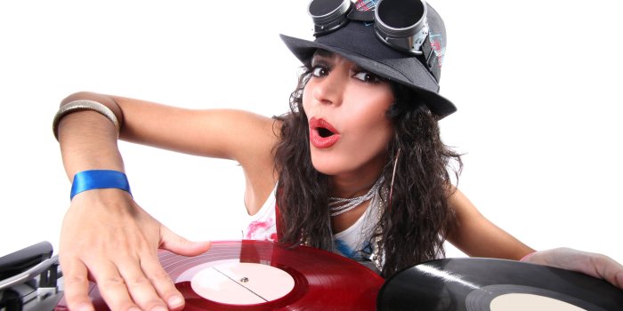 5616x3744 HD wallpaper: black fedora hat, girl, dj, vinyl, white, glasses