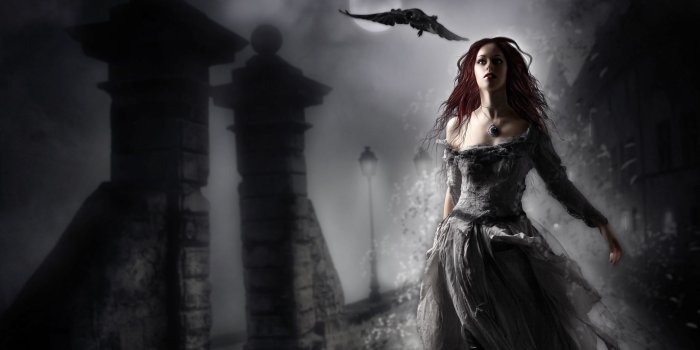2560x1440 2560x1440 dress, red hair, girl, raven, art, fiction desktop
