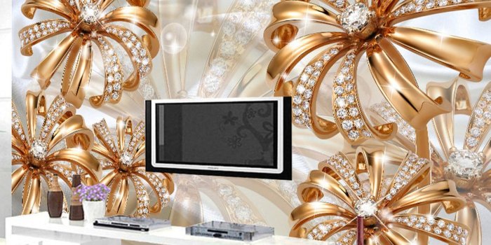 1280x1280 Custom Photo Wallpaper 3D Stereo Gold Diamond Flower Jewelry Mural Living  Room TV Sofa Background Wall Luxury Papel De Parede 3D
