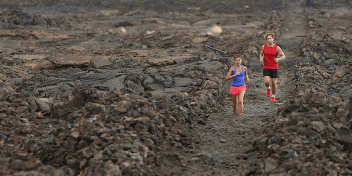 1920x1080 Runner couple man and woman running in trail run in dramatic nature  training for marathon or triathlon. Fit young fitness model man and asian  woman