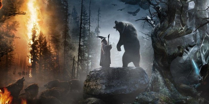 1332x850 Wallpaper forest, stones, animals, fire, fire, collage, sword, hat