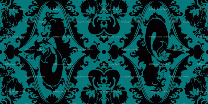 1213x888 Mermaid Damask Teal and Black wallpaper - rosalarian - Spoonflower