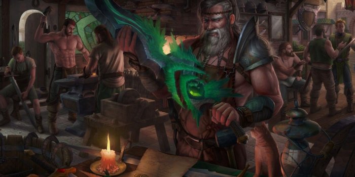 1332x850 Wallpaper magic, sword, fantasy, art, workshop, Blacksmith, Eugene