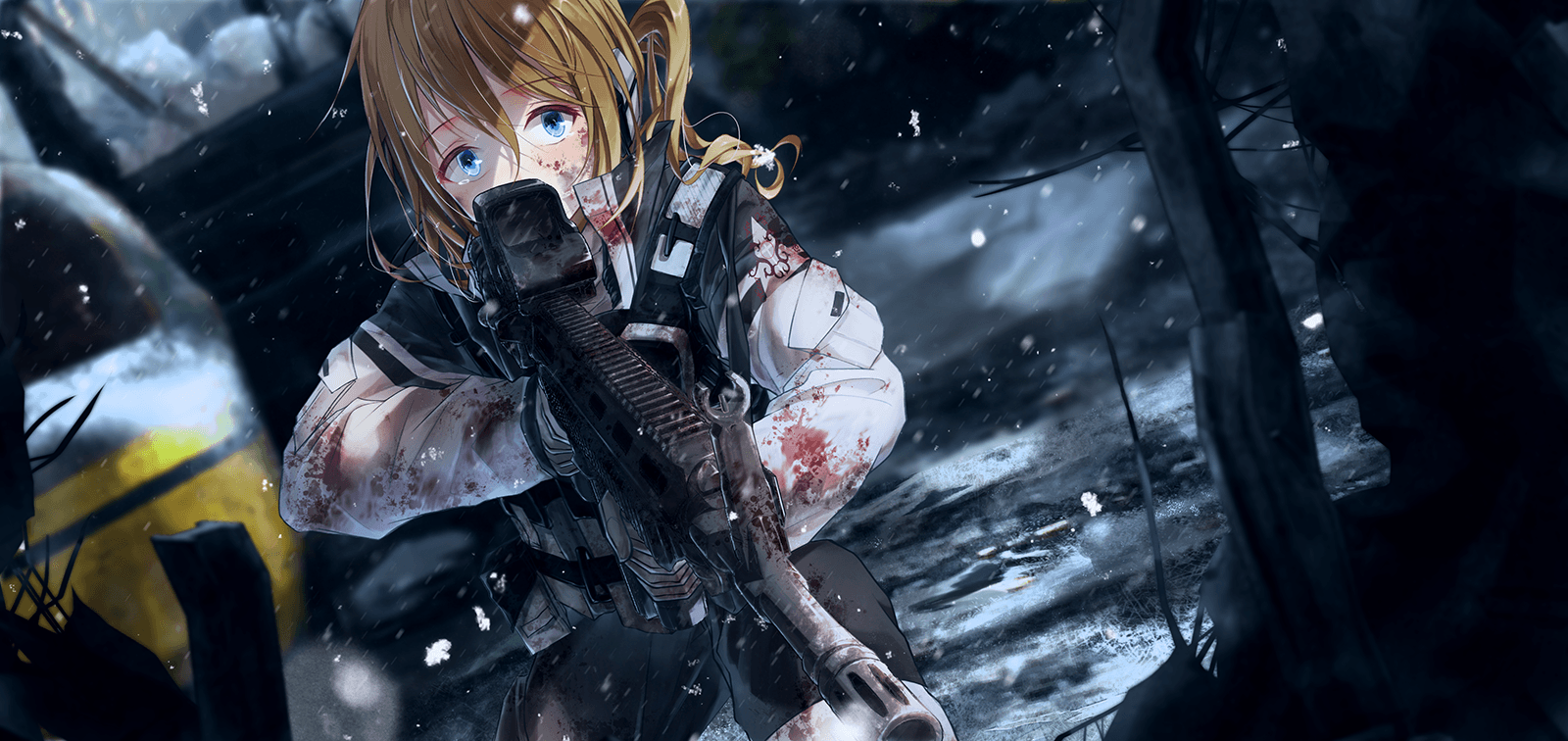 1600x756 Wallpaper Anime Girl, Military, Scared Expression, Battlefield, Gun