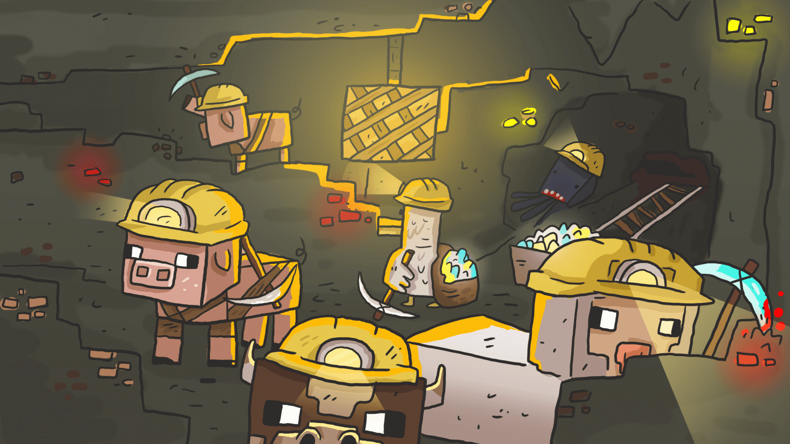 2560x1440 Minecraft draw dungeon Wallpaper with a mining Sheep, Cow, Squid
