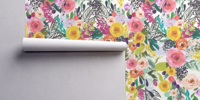 1024x1024 Bold Floral Wallpaper - Bright Blooms Painted Floral By Theartwerks -  Custom Printed Removable Self Adhesive Wallpaper Roll by Spoonflower
