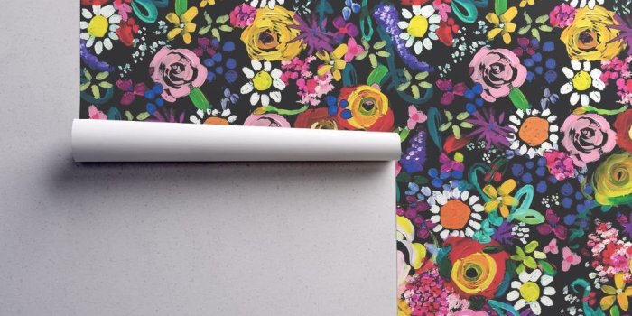 1024x1024 Bold Floral Wallpaper - Les Fleurs Black By Theartwerks - Floral Bold  Custom Printed Removable Self Adhesive Wallpaper Roll by Spoonflower