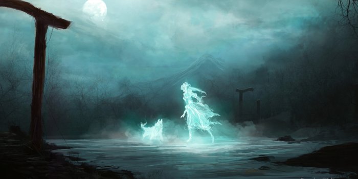 3644x1937 Arches, Art, Fantasy, Ghost, Girl, Moon, Mountain, Night, Ruins
