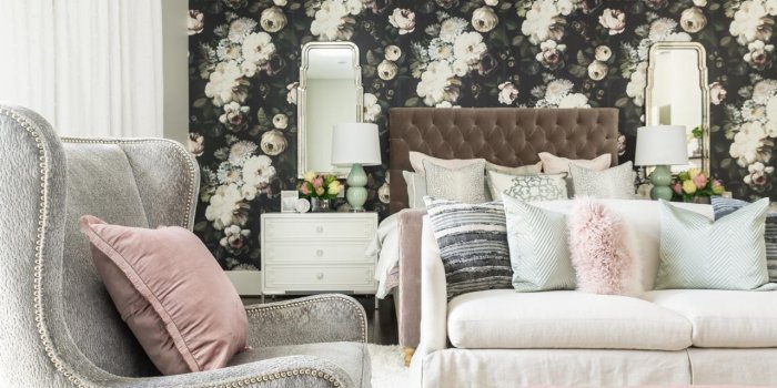 1280x853 Contemporary Gray And Pink Master Bedroom With Bold Floral Wallpaper