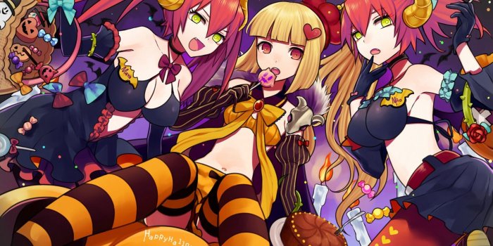 1600x1000 blondes, Halloween, candy, cleavage, skirts, horns, red eyes, short