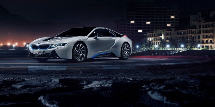 1366x768 Download wallpaper 1366x768 bmw, i8, side view, white tablet, laptop