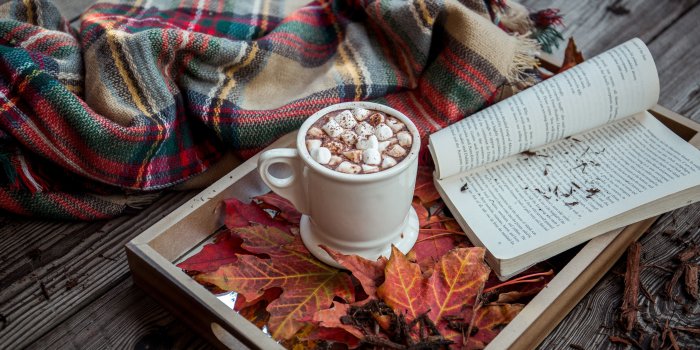 5643x3762 Download wallpaper 5643x3762 cocoa, marshmallow, plaid, book, autumn