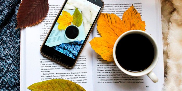 1332x850 Wallpaper autumn, leaves, coffee, book, phone, plaid, sweater, book