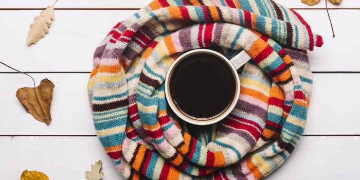 1332x850 Wallpaper autumn, leaves, background, tree, coffee, colorful, scarf