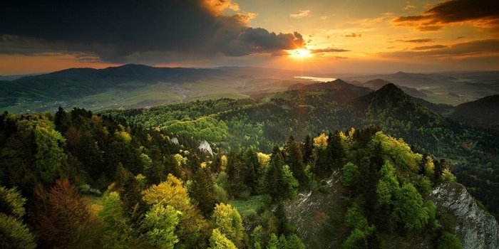 1230x768 nature, Landscape, Spring, Sunset, Forest, Sky, Mountain, Clouds