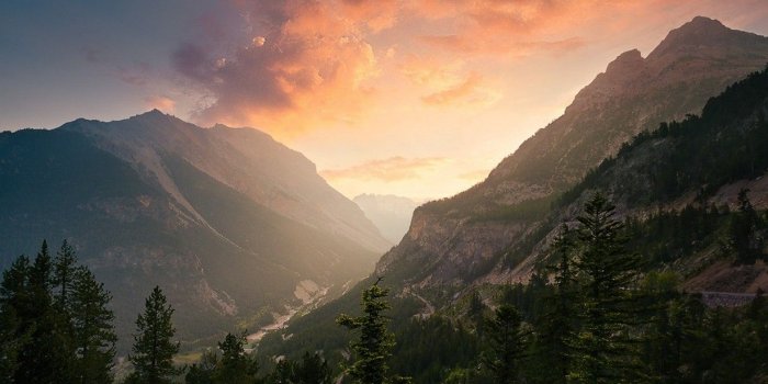 1230x768 nature, Landscape, Sunset, Mist, Mountain, Forest, Valley, Clouds