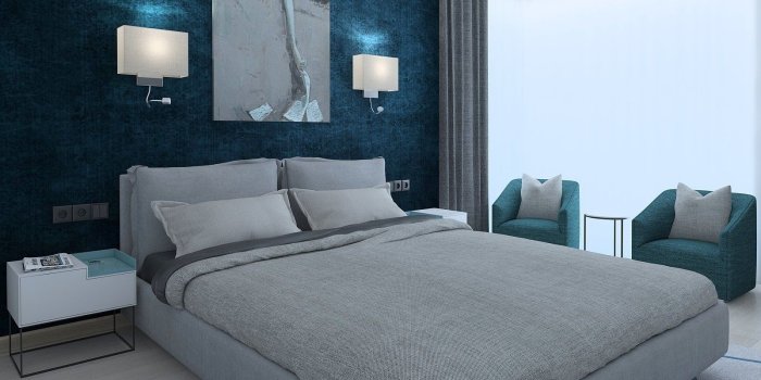 1600x1686 Modern bedroom with green wallpaper | 3D model