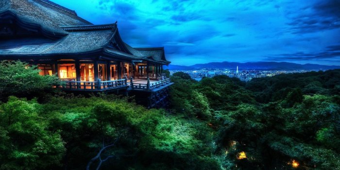 1920x1080 night, Forest, Trees, House, Clouds, Japan, Kyoto, Kiyomizudera