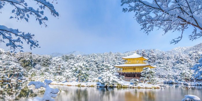 1332x850 Wallpaper winter, snow, trees, pond, Park, Japan, temple, Japan