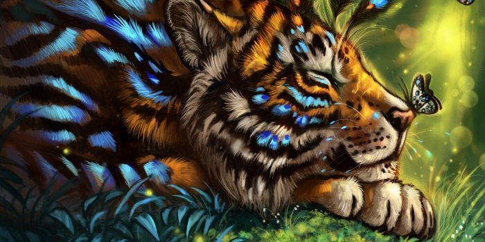 1366x768 1366x768 Wallpaper tiger, art, butterfly, muzzle, dream, fabulous