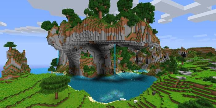1332x850 Wallpaper mountains, tree, waterfall, minecraft images for desktop