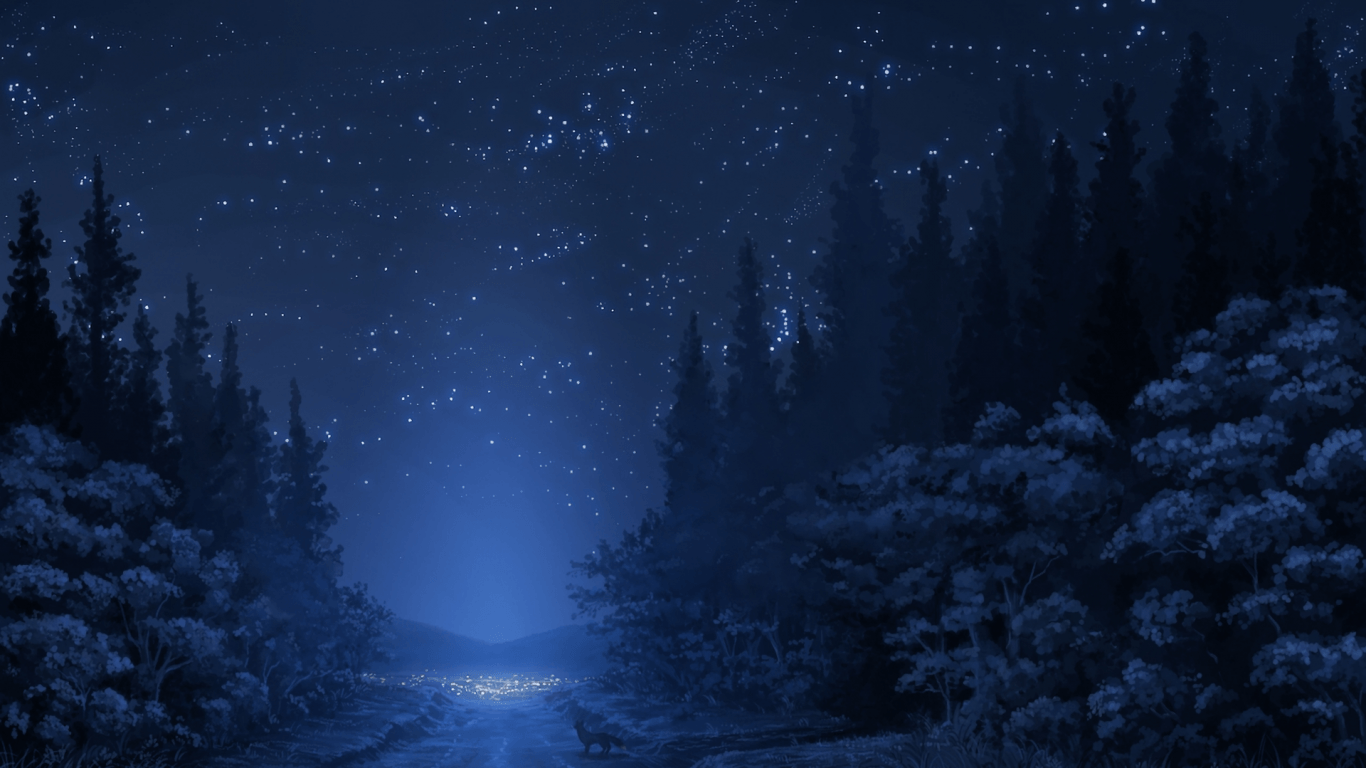 1366x768 Download 1366x768 Anime Landscape, Forest, Night, Stars, Wolf