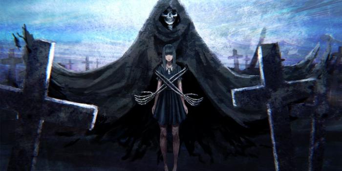 1244x700 Anime original skull dead girl dark dress black long hair wallpaper