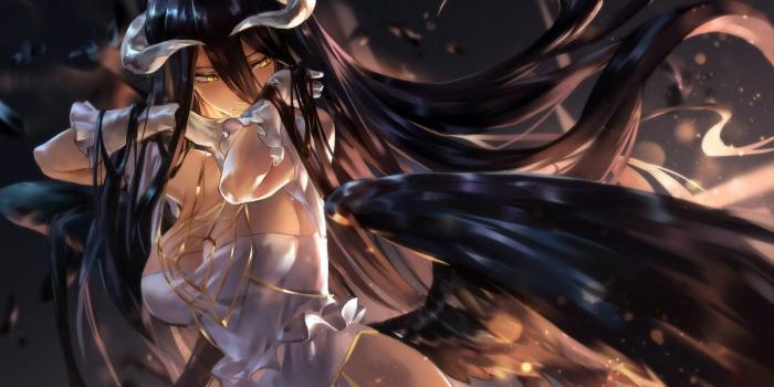 1332x850 Wallpaper girl, Overlord, cleavage, horns, long hair, dress, boobs