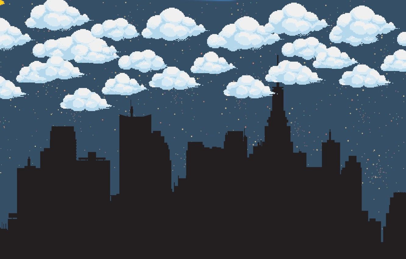 1332x850 Wallpaper Clouds, Night, The city, Fantasy, Sky, Pixels, Night
