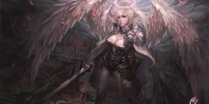 3392x1894 warrior, Women, Fantasy art, Angel, Sword, Artwork 4K HD wallpaper