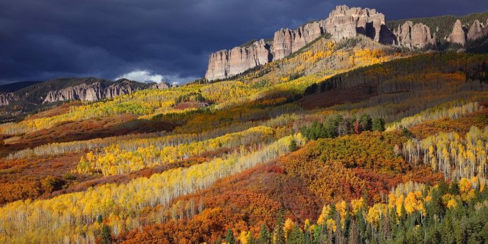 1332x850 Wallpaper autumn, forest, bright colors, mountains, clouds, rocks