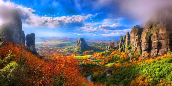 1366x768 Autumn mountains backgrounds Trees Fall Valley Autumn Scenic Colors