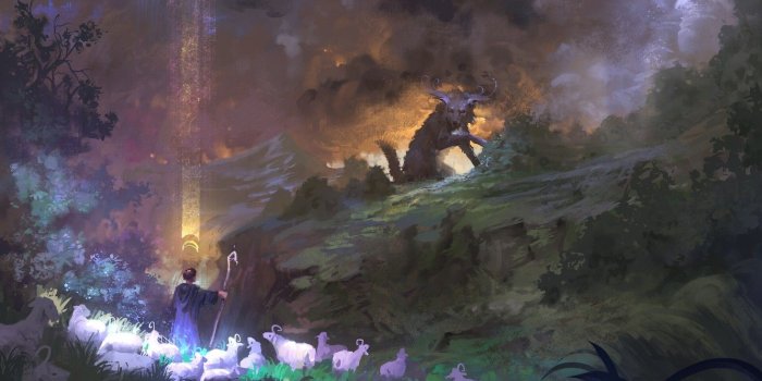 1332x850 Wallpaper demon, fantasy, trees, field, man, wolf, sheep, artwork