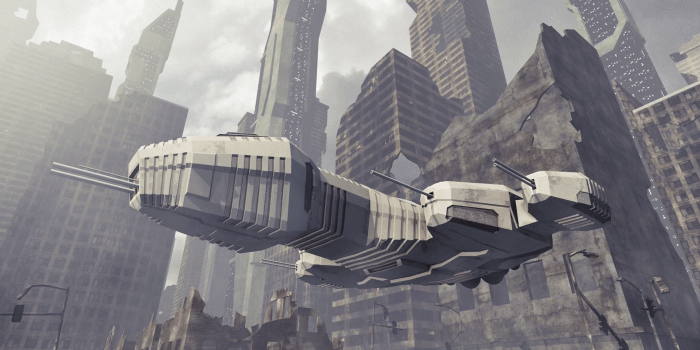 1920x1080 Spaceship taking off a damaged city