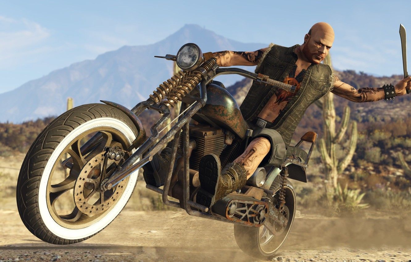 1332x850 Wallpaper sake, game, desert, motorcycle, mountains, sand, GTA