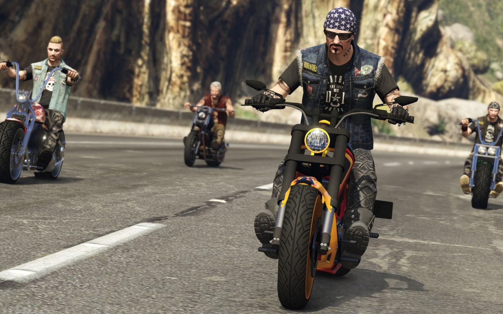 2560x1600 Download wallpaper game, motorcycle, mountains, GTA, tattoo, asphalt