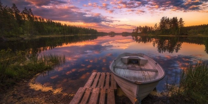 1230x820 nature, Landscape, Spring, Sunset, Norway, Lake, Boat, Chains, Trees