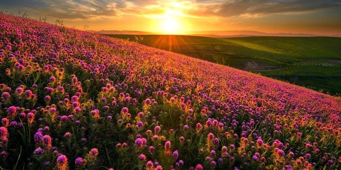 1200x800 nature, Landscape, Sunset, Flowers, Hill, Field, Spring, Wildflowers