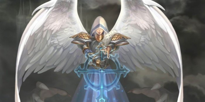 1920x1200 Female white-winged character in gray metal suit holding blue sword