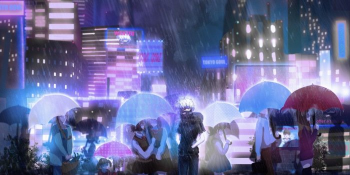 1332x850 Wallpaper the city, people, rain, umbrella, anime, mask, art, signs