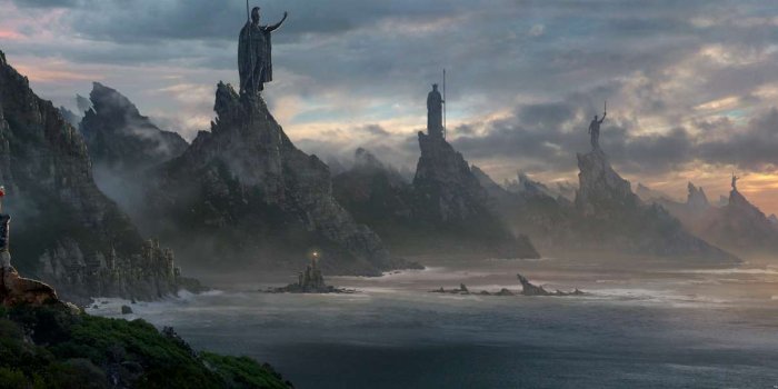 2133x600 Stunning Dual Screen Wallpaper - Statues In The Mountain Free