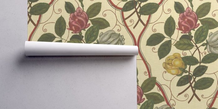 1024x1024 Victorian Rose Ogee ~ Trianon Cream Linen Luxe wallpaper