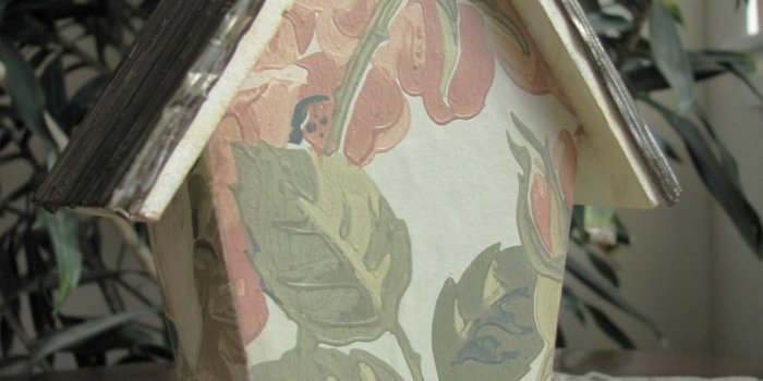 794x1059 Vintage Wallpaper Altered Art Birdhouse, Medium Size, Distressed Corrugated  Tin Roof, Soft Green, Rose Blossom Leaf Pattern, Home Decor