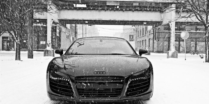 1244x700 Black and white winter snow cars Audi Audi R8 front view wallpaper