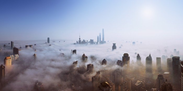 3000x1032 skyscraper, Mist, Heights, Sky, Sun, Cityscape, Shanghai, Ultra wide