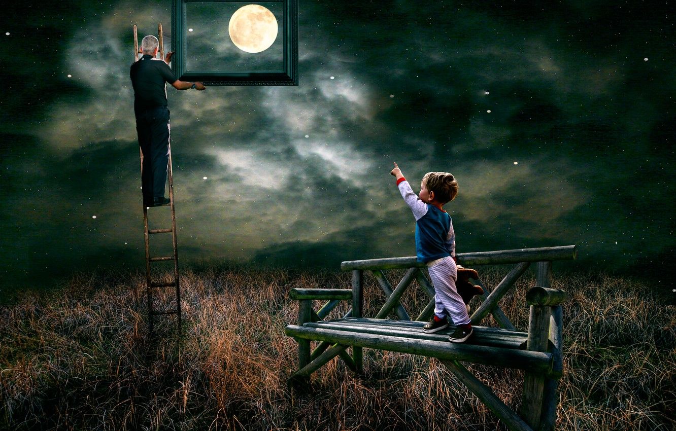 1332x850 Wallpaper the moon, stars, boy, Look garndad you have caught the