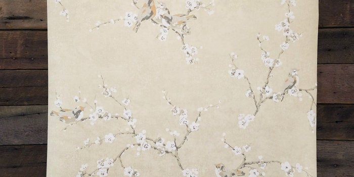 1400x1400 Birds and Blossoms on Shimmering Metallic Gold Wallpaper