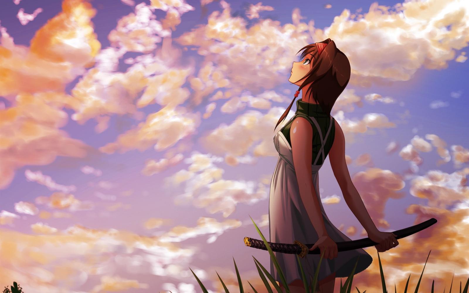 2880x1800 Wallpaper Anime girl look at sky, katana, clouds, sunset 2880x1800