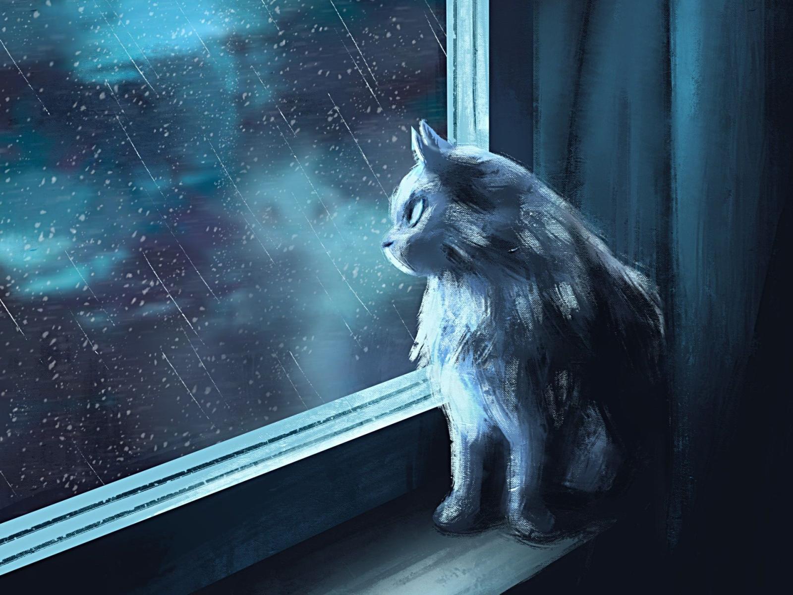 1920x1440 Wallpaper Cat look at the window, rainy, art picture 1920x1440 HD
