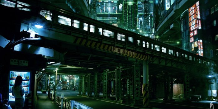 1190x700 Cyberpunk city lights futuristic skyscrapers train tokyo AMM sci fi